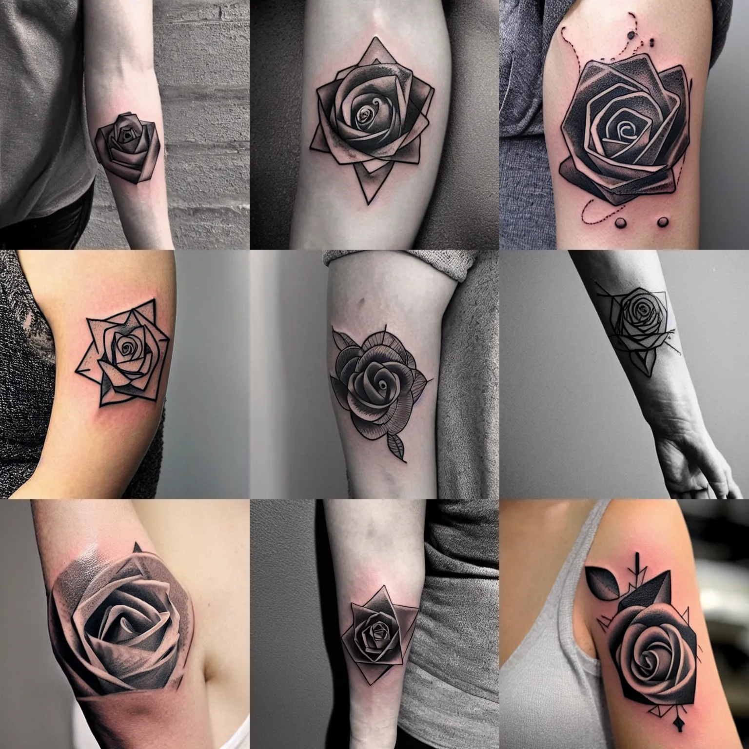 Prompt: geometric rose black tattoo, arm, minimalist