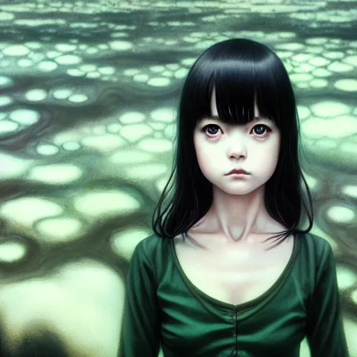 Image similar to very tiny girl by junji ito, green eyes and long black hair by ilya kuvshinov, sitting in a crystal clear lake painted by tom bagshaw, rtx reflections, octane render 1 2 8 k, extreme high intricate details by wlop, digital anime art by ross tran, wide shot, composition by tom bagshaw, lighting by wlop