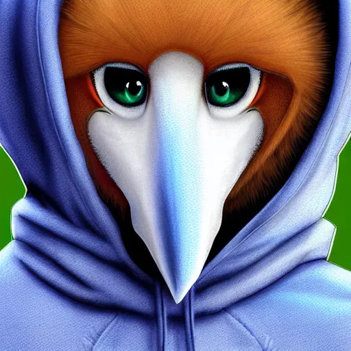 Prompt: portrait digital art. humanoid furry! anthro, anthro, anthro, avian, avian, avian!!! fursona, bird, bird, bird!!! digital art! trending on artstation! subject wearing hoodie and jeans!! subject is female!! female!!! big beak, big beak, big beak!!! blue feathers!! birdfolk!! owlkin!! Character design by charlie bowater, ross tran, artgerm, and makoto shinkai!!! detailed!!!