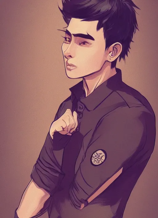 Image similar to a highly detailed illustration of fierce short black haired young half white half asian man wearing polo shirt, dramatic thinking pose, intricate, elegant, highly detailed, centered, digital painting, artstation, concept art, smooth, sharp focus, league of legends concept art, WLOP