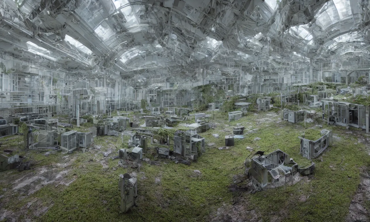 Image similar to an abandoned research facility in a foggy environment with mossy computers, and colored lights on research equipment still functioning | intricate detail, microdisplacement, elaborate design, cgi, volumetric lighting, global illumination