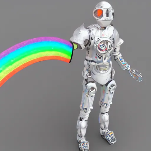 Image similar to 3 d render of light white rainbow medieval armour, waterfall, cybernetic mushroom people, tamborine, salt shaker, happy friend, fire, lamps, aurora, rave, isolate, wizard, ramen, wires, robot, money, corporate, business, pleading artstation hq, artstation hd, fantasy