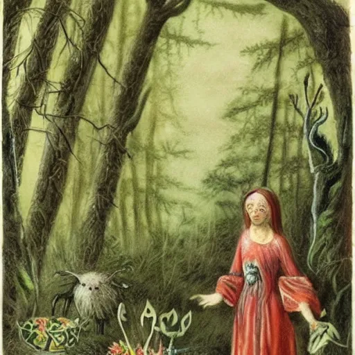 Image similar to In the body art Vasilisa can be seen standing in the forest, surrounded by animals. She is holding a basket of flowers in one hand and a spindle in the other. Her face is turned towards the viewer, with a gentle expression. In the background, the forest is depicted as a dark and mysterious place. botanical illustration, pastel green by Genndy Tartakovsky, by Charles Angrand peaceful