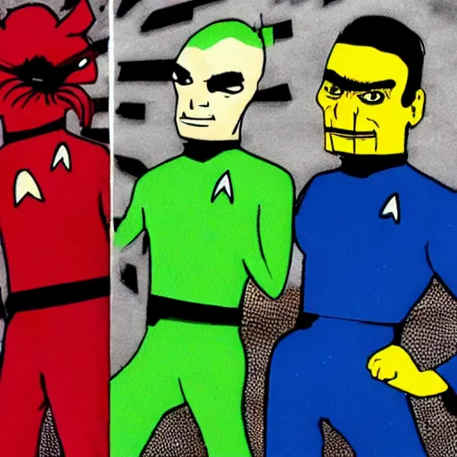 Image similar to star trek banana monsters punching red suit captain duel