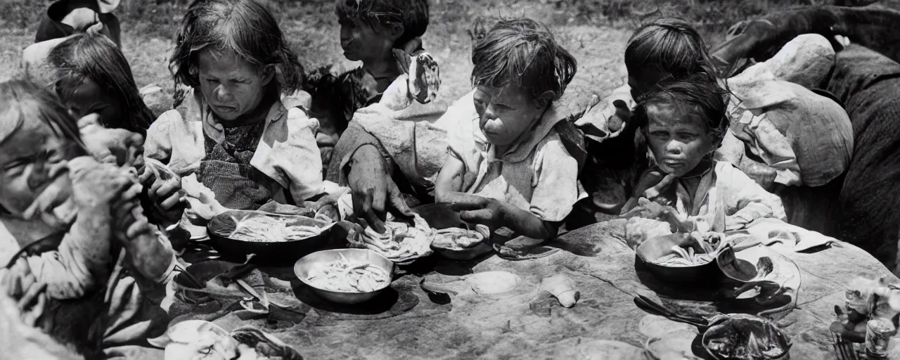 Prompt: dorothea lange photograph of a struggling mother feeding spaghetti to children, 1 9 3 6, rural, canon 5 0 mm, kodachrome, retro