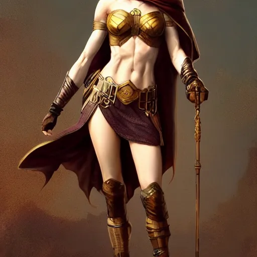 Image similar to highly detailed steampunk gal gadot standing, cape, staff : leonardo da vinci, greg rutkowski, magali villeneuve