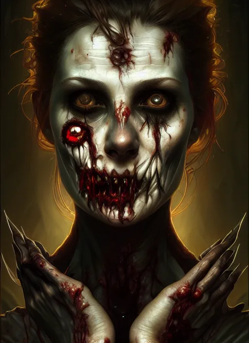 Image similar to symmetry!! portrait of a zombie, horror, moody lights!! intricate, scary, highly detailed, digital painting, artstation, concept art, smooth, sharp focus, illustration, art by artgerm and greg rutkowski and alphonse mucha