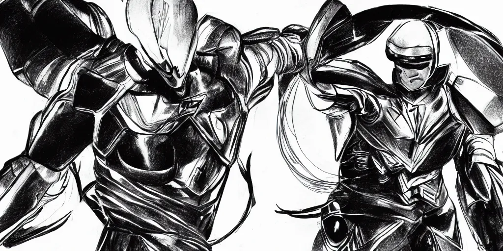 Image similar to pencil sketch storyboard, a man wearing futuristic sleek gauntlets, chest piece and helmet powers up as pulsing lines of energy swirl around him