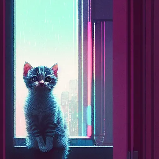 Image similar to a cute kitten sitting on a dark hotel window sill, looking out a rain-streaked window overlooking a futuristic cyberpunk cityscape, pink and blue lighting, by greg rutkowski and android jones in a surreal style, oil on canvas, ancient cyberpunk 8k resolution