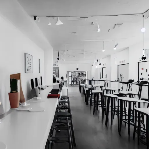 Image similar to photo of a white minimalist arcade / cafe interior, 8 0 s art on the tall white walls, wide angle shot 4 k hdr