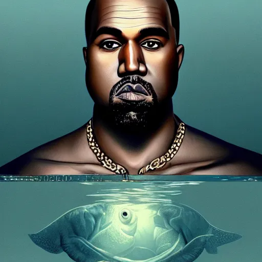 Image similar to portrait of kanye - west!!! with a fish body!! swimming underwater!!!, intricate, extremely detailed, digital painting, artstation, concept art, smooth, sharp focus, illustration, ambient lighting, art by artgerm and greg rutkowski and alphonse mucha and simon stalenhag