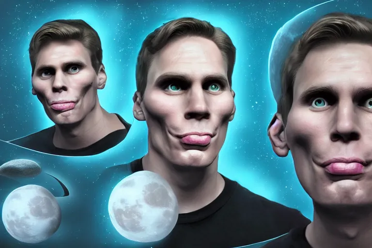 Image similar to jerma 9 8 5 face in a moon, jerma 9 8 5 face on a moon, jerma moon, jerma, epic wallpaper trending on artstation, highly detailed digital artwork