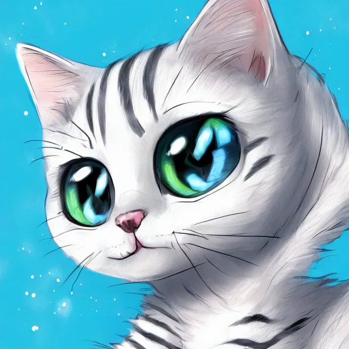 Prompt: cute cat of cheshire an adorable cat with light blue stripes, shiny eyes and a big human like playful smile. award - winning digital art, trending on artstation