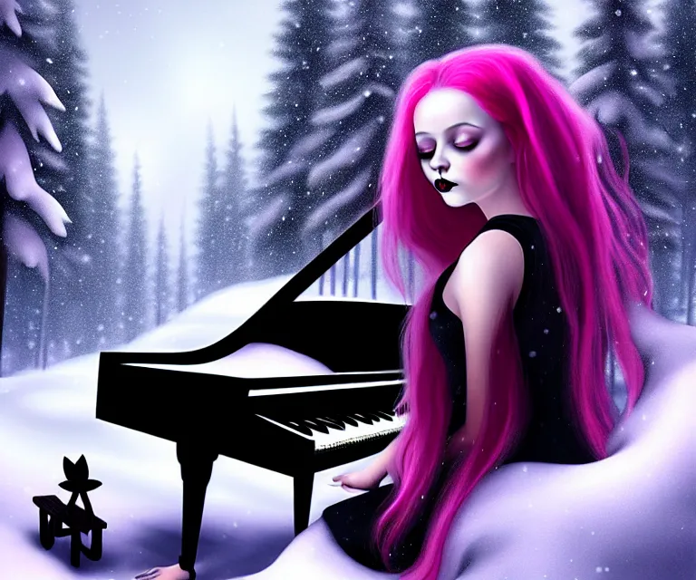 Image similar to a beautiful face gothic girl, pink hair in a stunning black dress playing a piano in the dark snowy forest by zatzka, hans, matte painting, illustration