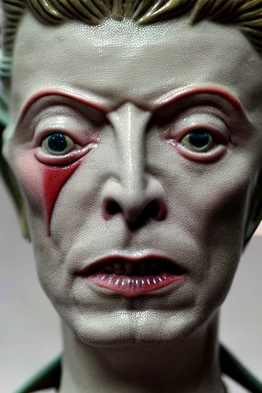 Image similar to David Bowie , A Close up photo-real delicate ceramic porcelain sculpture of a symmetrical ornate detailed in front of an intricate background by Victo Ngai and takato yamamoto, micro detail, backlit lighting, face in focus, subsurface scattering, translucent, thin porcelain, octane renderer, colorful, physically based rendering, japanese pottery, trending on cgsociety