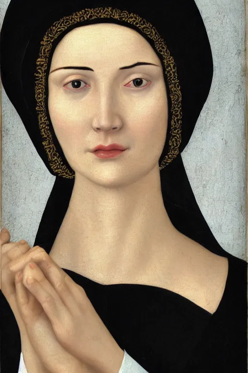 Image similar to hyper - realistic close - up portrait of a medieval woman, pale skin, in a black silk robe, in the сaravaggio style