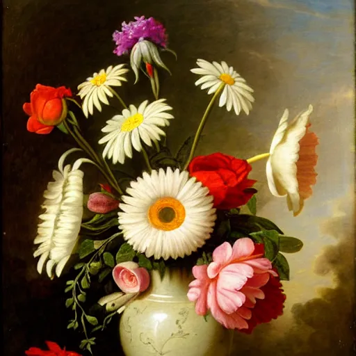 Image similar to a still life of a vase of flowers with a mix of roses daisies and lilies.