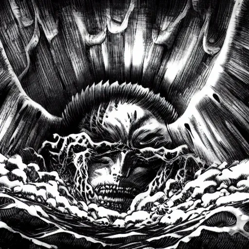 Image similar to a man drowning in the deepest pits of hell by kentaro miura, stunning artwork, wide shot angle