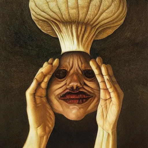 Prompt: portrait face head eyes man fungal ears Mushroom Cretin the Hermit camouflaged as a toadstool wearing a black shirt mark ryden greg rutkowski andrew wyeth giorgio de chirico