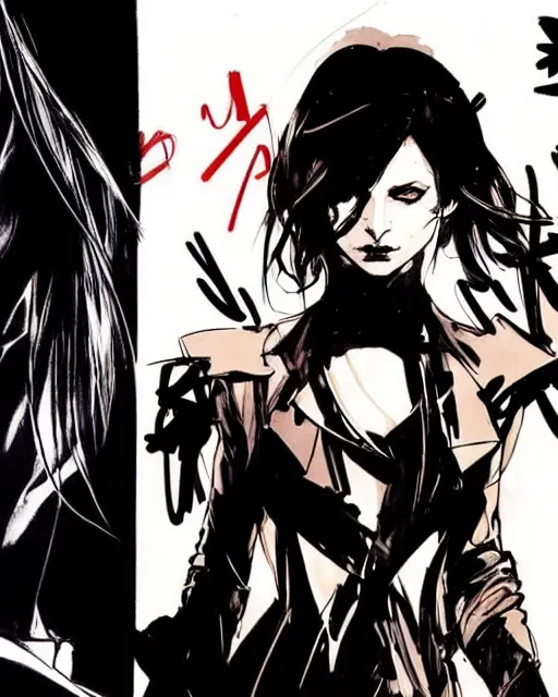 Image similar to style of yoji shinkawa, rafael albuquerque : : gorgeous willa holland : : evil witch : : symmetrical face, symmetrical eyes : : gorgeous black hair : : magic lighting, low spacial lighting : :