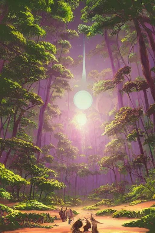 Image similar to concept art painting of an alien world with sentient forests, artgerm, moebius, inio asano, toon shading, cel shading, calm, tranquil, vaporwave colors,