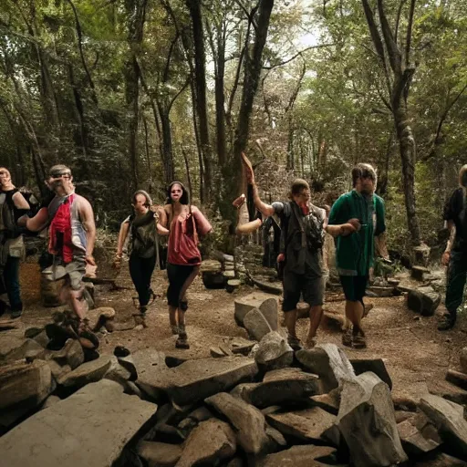 Image similar to A group of friends were hiking through the woods when they came across an ancient temple. They explore the temple and find that it is full of treasure. The friends are ecstatic and begin to fill their pockets with the treasure. Suddenly, they hear a noise and realize that they are not alone in the temple. They are surrounded by a group of armed men. The friends are terrified and do not know what to do. The men demand that they hand over the treasure. The friends comply and the men leave with the treasure. The friends are relieved but disappointed that they did not get to keep the treasure.