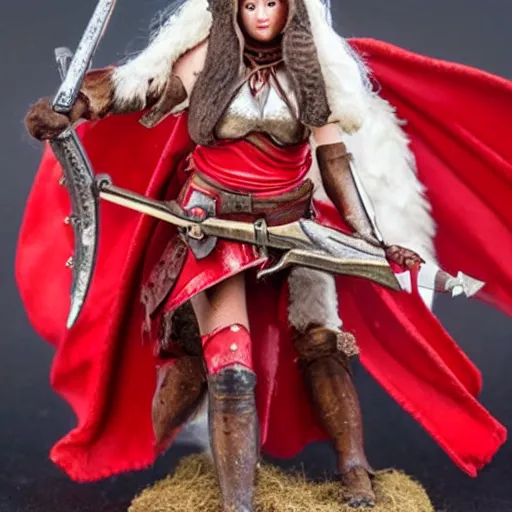 Prompt: long shot photo of a red riding hood valkyrie warrior