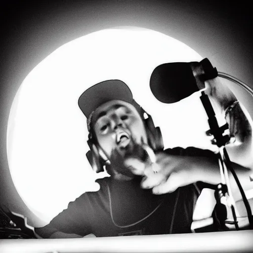 Image similar to instagram photo of a dj hip hop grizzly bear spinning turn tables and holding a microphone