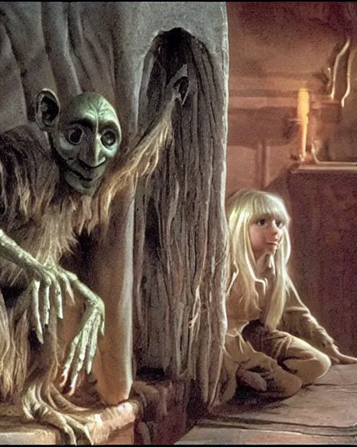 Prompt: a girl gelfling is afraid of the alchemist skeksi from the movie the dark crystal in a creepy room