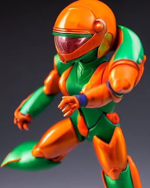 Prompt: helmet portrait of a figurine of samus aran's varia power suit from the sci - fi nintendo videogame metroid. designed by hiroji kiyotake. glossy. red round helmet, orange shoulder pads, green visor. shallow depth of field. suit of armor.