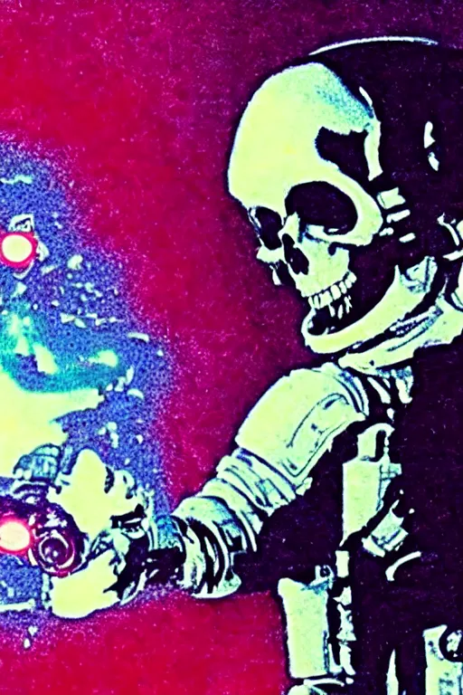 Image similar to astronaut with neon glowing skull 1 9 6 0 s color _ bleed _ video compression video glitch vhs footage akira kurosawa mamoru oshii wes anderson