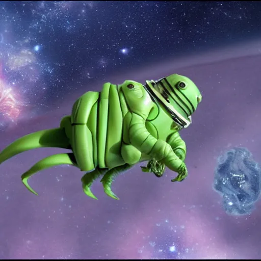 Prompt: Alien species of evolved, sentient tardigrades embarking on a mission into space