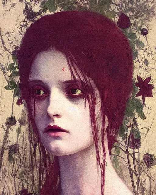 Image similar to a beautiful but sinister and creepy woman in layers of fear, with haunted eyes, violence in her eyes, 1 9 7 0 s, seventies, delicate embellishments, a little blood, woodland, moonlight shining on wildflowers, painterly, offset printing technique, by alexandre cabanel