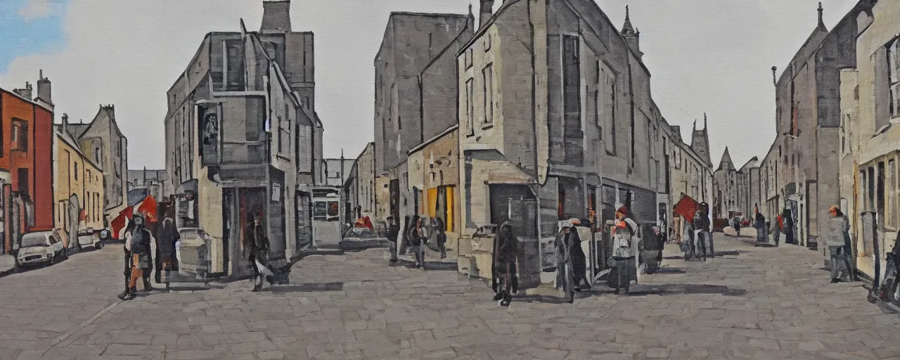 Prompt: a painting of street life in kirkwall orkney, Monumental, imposing, robust, blocks, perspective