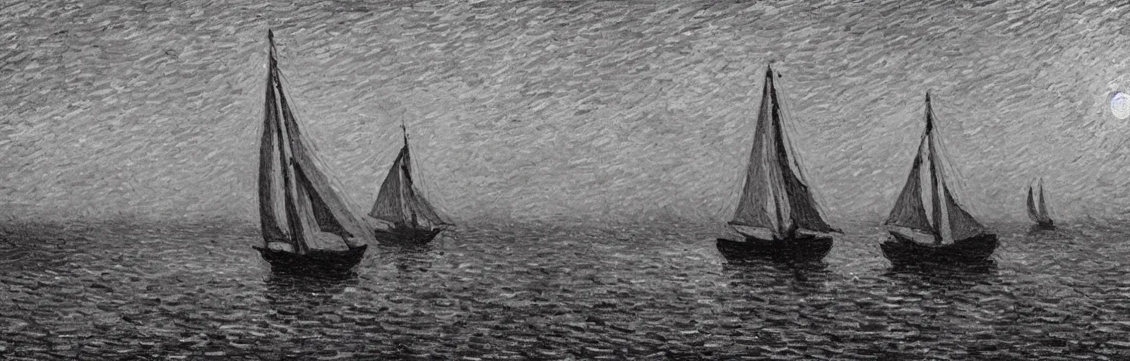 Prompt: An aesthetically pleasing, dynamic, energetic, lively, well-designed digital art of a sailboat on the ocean at night in a low mist, light and shadow, chiaroscuro, by Claude Monet and Vincent Van Gogh, superior quality, masterpiece, excellent use of negative space. 8K, superior detail.