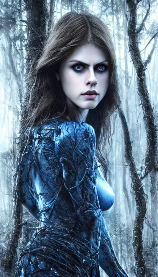 Image similar to photo of a gorgeous nordic female, covered in blue blood, in a dark forest, alexandra daddario face!, realistic, sharp focus, 8 k high definition, insanely detailed, intricate, elegant, art by stanley lau and artgerm, luis royo, greg kutkowski