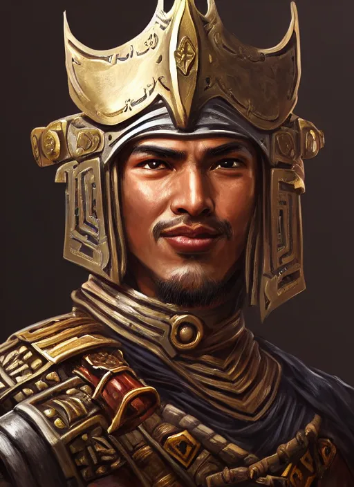 Image similar to smart breadtai warlord, closeup portrait, historical hero, ethnic group, tai costume, bronze headdress, intricate, with leather armor cross on chest, cotton textile, elegant, loin cloth, highly detailed, oil painting, artstation, concept art, matte, sharp focus, illustration, hearthstone, art by earl norem