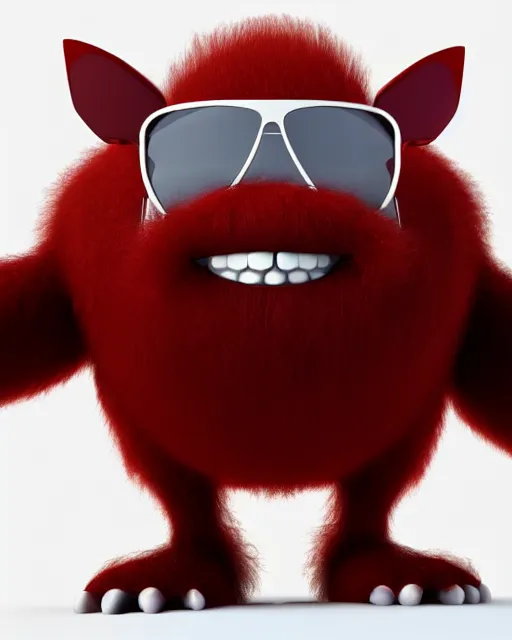 Image similar to 3 d render of completely red hairy friendly antropomorphic cartoony creature wearing white ray - ban shades, full body, simple, smiling with no nose, cute, white background, unreal engine 5 hdr