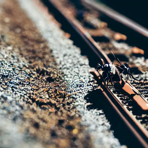 Image similar to Macro photography of an ant boarding a very very small train on a sunny day, professional photography, 8k, trending on artstation
