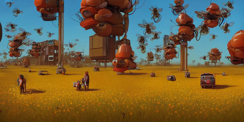 Image similar to honey bee world and hives by Goro Fujita and Simon Stalenhag , 8k, trending on artstation, hyper detailed, cinematic