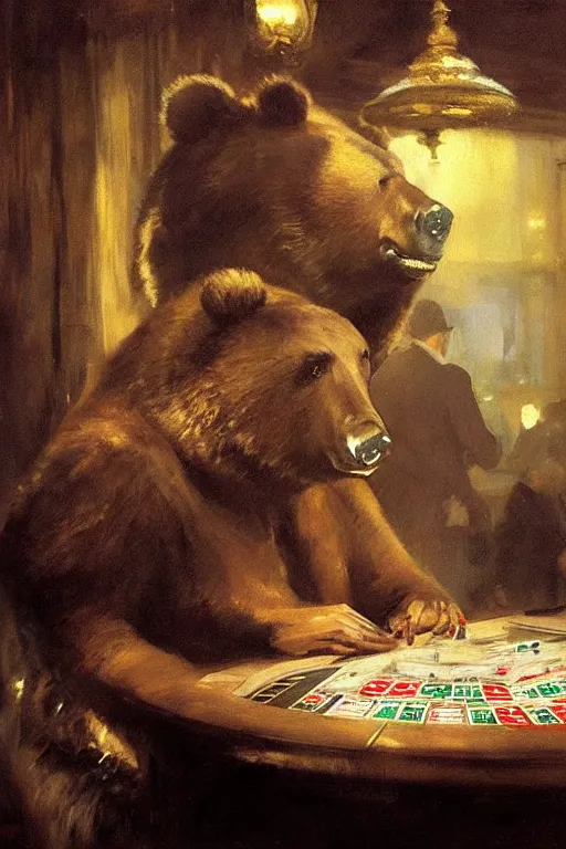 Image similar to portrait of professional gambling bear in the club by anders zorn, wonderful masterpiece by greg rutkowski, beautiful cinematic light, by greg manchess, jessica rossier