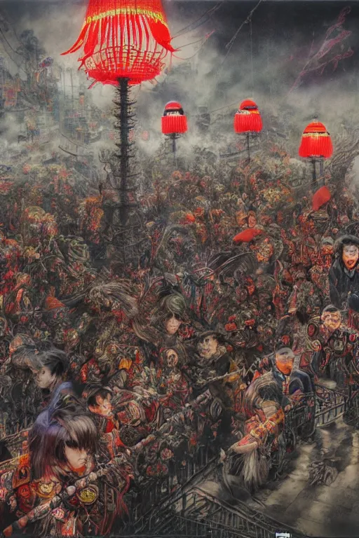 Image similar to 中 国 鬼 节, long procession of the dead is queuing up on the naihe bridge. comic book, psychedelic lights and fog, zdzislaw, ayami kojima, yamamoto, barclay shaw, karol bak, hyperrealist, 8 k