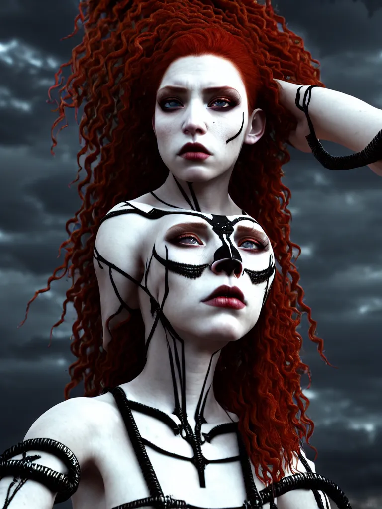 Prompt: a single fierce looking beautiful young woman with curly red hair and symmetrical white makeup, strapped with black rope, wearing an intricate headdress made from bones and leather, painted by makoto shinkai, intricate linework, unreal engine 5 highly rendered, global illumination, radiant light, detailed and intricate environment