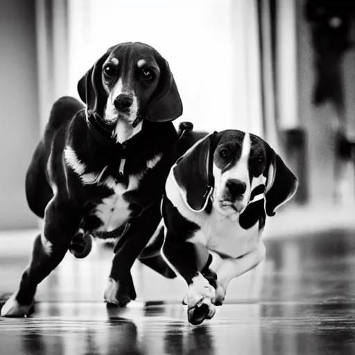 Image similar to a beagle fighting Karen, movie still, photography, DSLR 35mm, low light photography, ultra fine detail