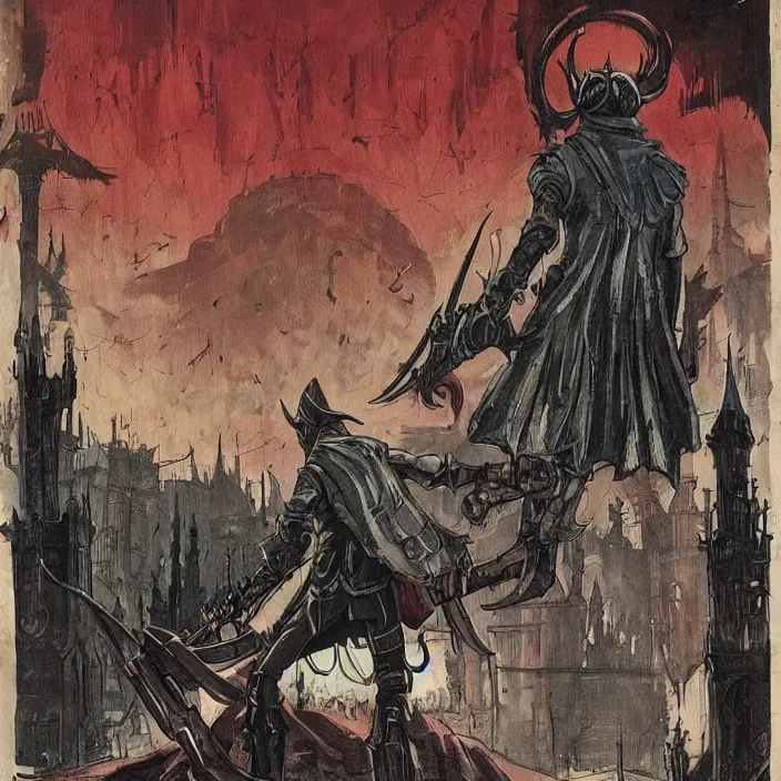 Prompt: a hunter from bloodborne vs robot in yharnam, style by retrofuturism, faded red and yelow, by malcolm smith, old comics in city, nicholas roerich, katinka reinke