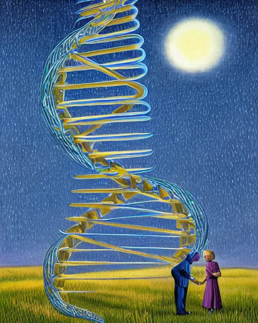 Image similar to in a field, two scientists in lab coats encounter a monster shaped like the DNA double helix, stormy weather, by Rob Gonsalves, dark