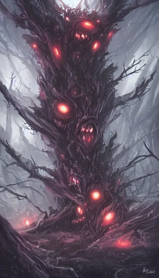 Prompt: a storm vortex made of many demonic eyes and teeth over a forest, by ross tran