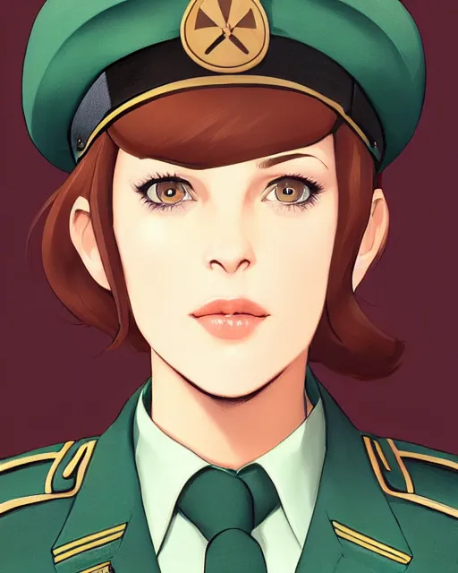 Image similar to portrait of young woman with light brown hair and hazel eyes dressed in a sharp dark teal military uniform with beret, saluting, smiling, ilya kuvshinov, anime, ross tran