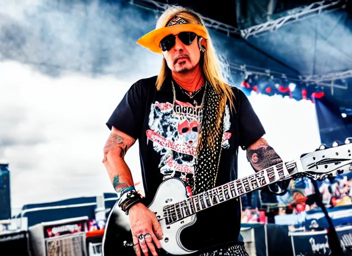 Image similar to photo still of brett michaels on stage at vans warped tour!!!!!!!! at age 4 8 years old 4 8 years of age!!!!!!!! shredding on guitar, 8 k, 8 5 mm f 1. 8, studio lighting, rim light, right side key light