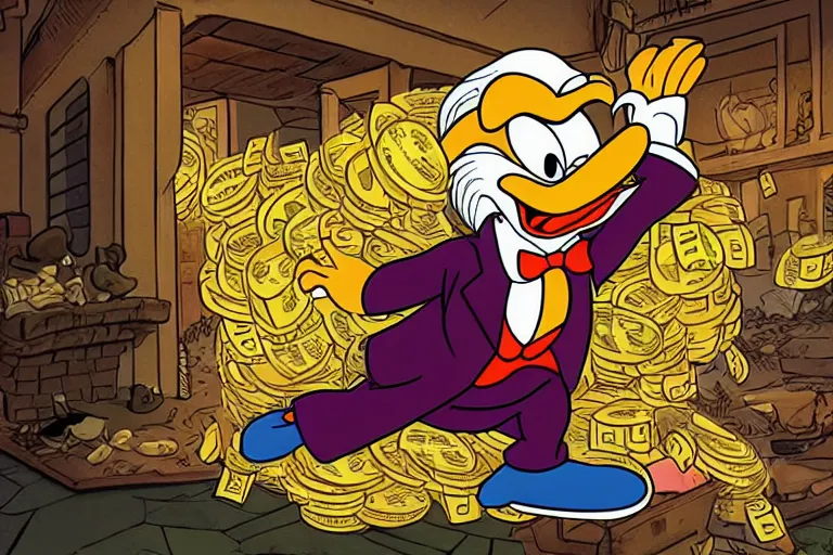 Image similar to Scrooge McDuck reacting to the Bitcoin crash, 8k, real photo, night scene, terrible